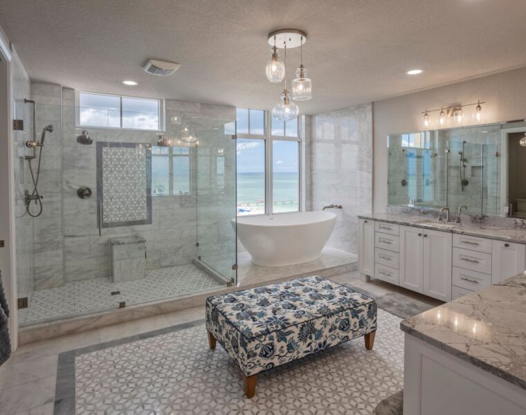 marble bathroom remodel overlooking beach