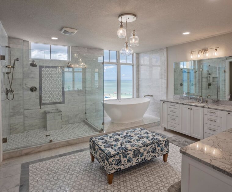 marble bathroom remodel overlooking beach