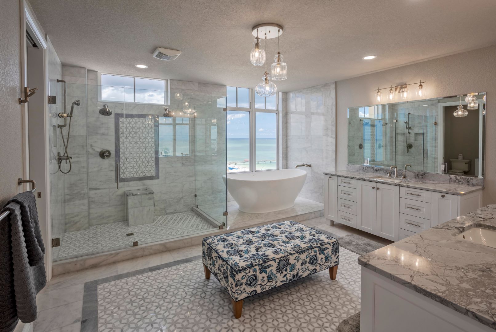 marble bathroom remodel overlooking beach